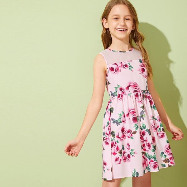 

Girls Mesh Yoke Floral Dress, Pink