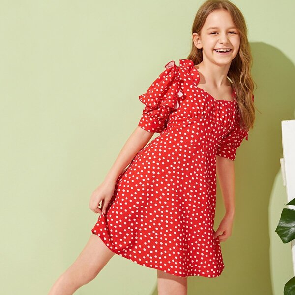 

Girls Button Front Ruffle Trim Dot Dress