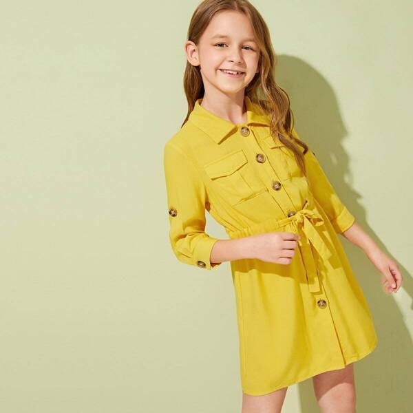 

Girls Flap Pocket Knot Waist Buttoned Shirt Dress