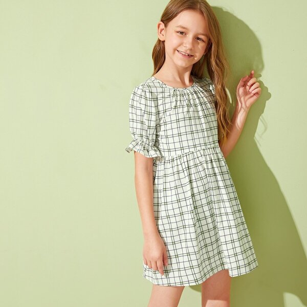 

Girls Ruffle Cuff Plaid Dress, Green