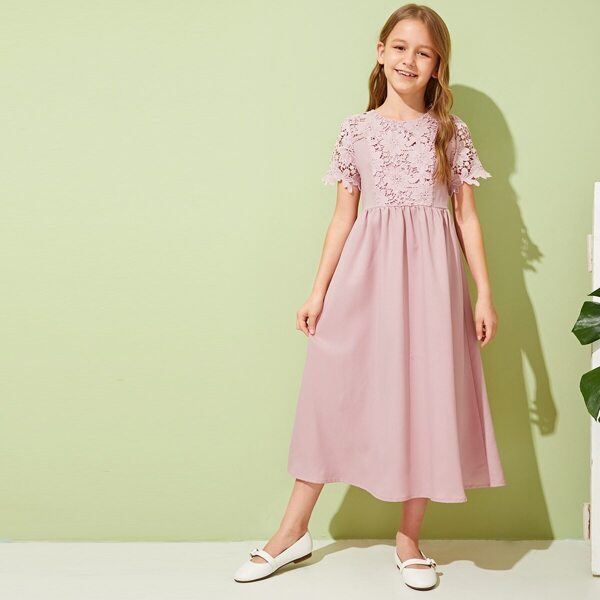 

Girls Guipure Lace Applique Dress, Pastel baby pink