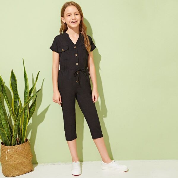 

Girls V-cut Neck Flap Pocket Front Jumpsuit, Black