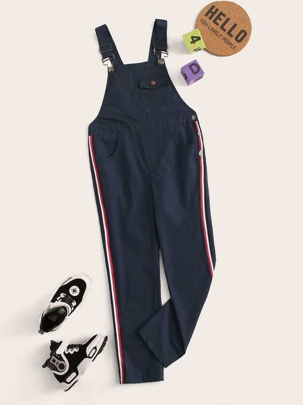 

Boys Buckle Strap Pocket Patched Side Striped Pinafore Jumpsuit, Navy