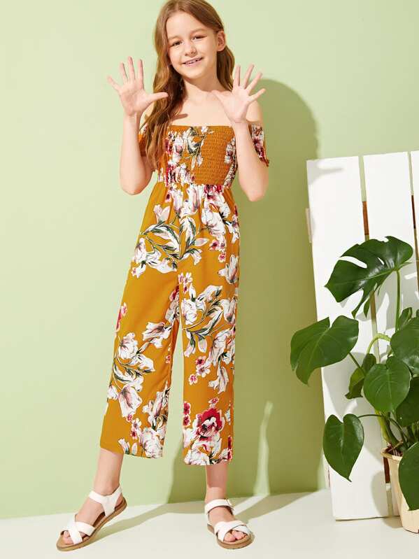 

Girls Off Shoulder Shirred Bodice Palazzo Jumpsuit, Yellow, Sashab