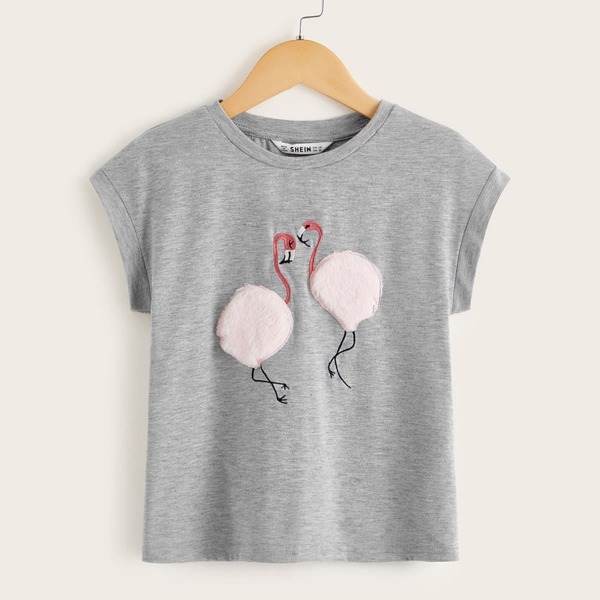 

Girls Faux Fur Detail Flamingo Embroidery Top