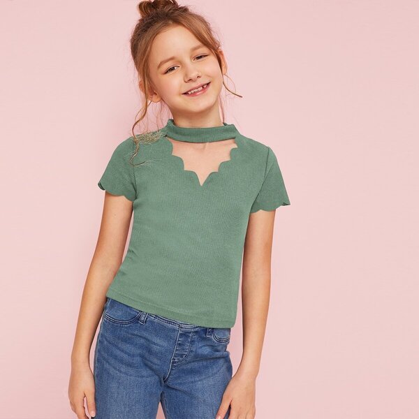 

Girls Scallop Edge Rib-knit Tee, Green