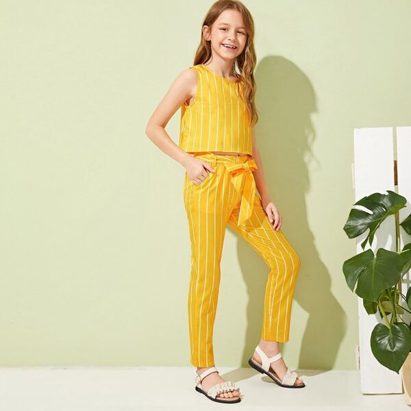 

Girls Striped Tank Top & Belted Pants Set, Yellow bright