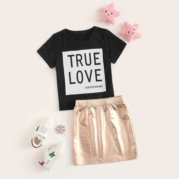 

Girls Letter Print Top & Metallic Skirt Set