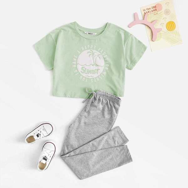 

Girls Mixed Print Top & Drawstring Waist Leggings Set