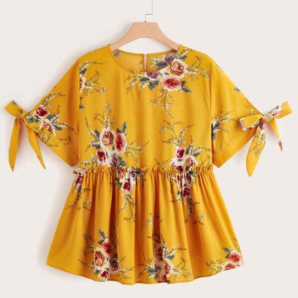 

Plus Floral Print Knot Cuff Peplum Blouse