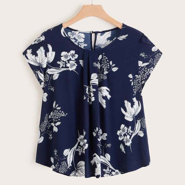 

Plus Floral Print Petal Sleeve Chiffon Blouse, Multicolor