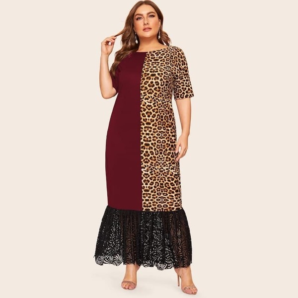 

Plus Leopard Panel Lace Ruffle Hem Maxi Dress