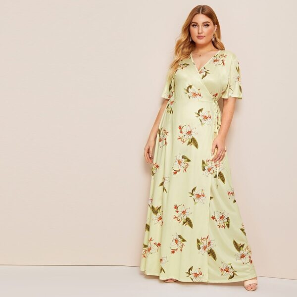 

Plus Large Floral Print Wrap Tie Side Maxi Dress, Yellow pastel