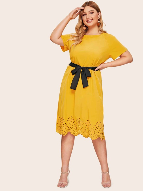 

Plus Laser Cut Hem Belted Dress, Yellow, Nora