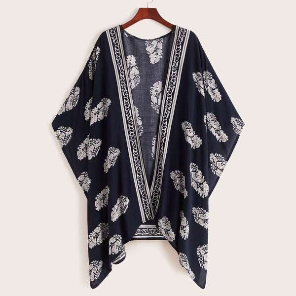 

Plus Tribal Print Open Front Kimono, Navy