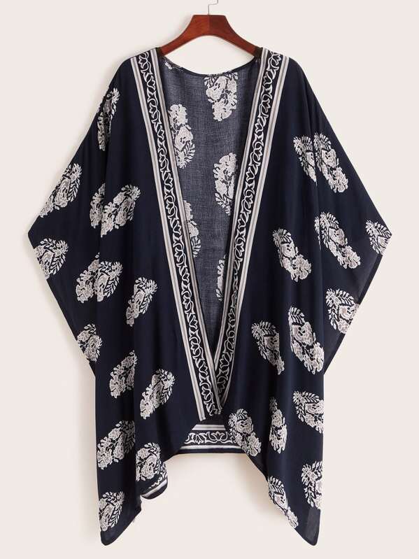 Plus Tribal Print Open Front Kimono, Navy