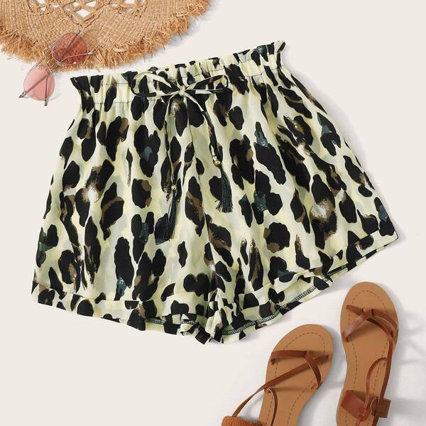 

Plus Leopard Drawstring Waist Paperbag Shorts