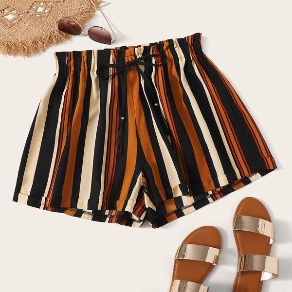 

Plus Striped Drawstring Waist Paperbag Shorts