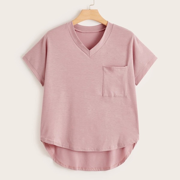 

Plus V-neck Dip Hem Pocket Tee, Pink
