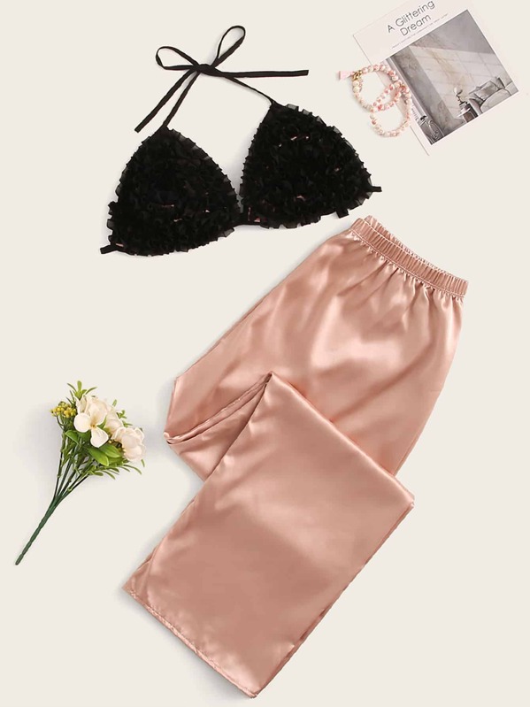 

Frill Detail Triangle Bra & Satin Pants PJ Set, Multicolor
