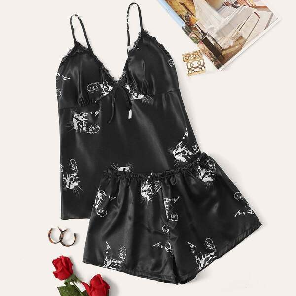 

Cat Print Satin Cami PJ Set, Black