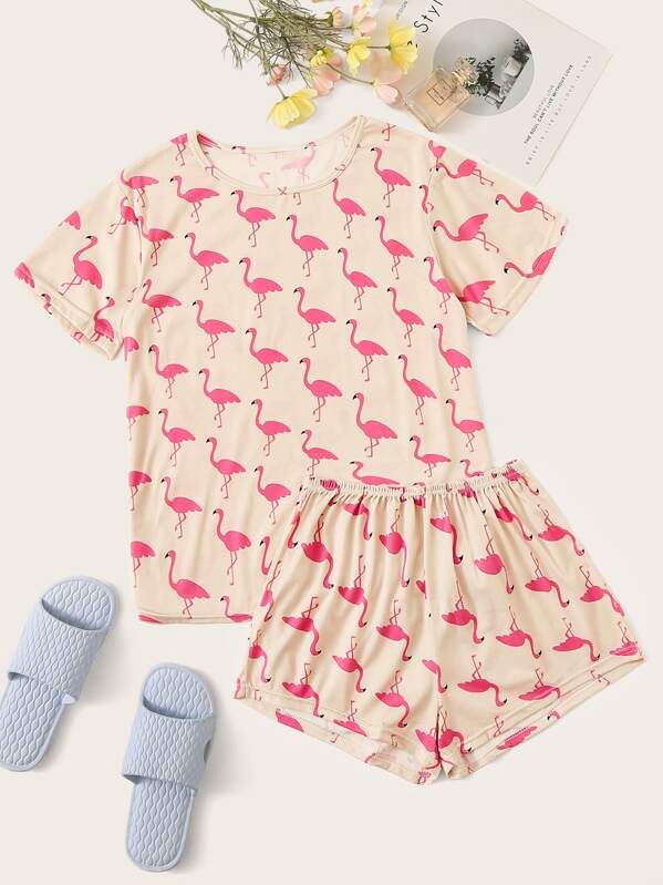 

Flamingo Print Pajama Set, Multicolor