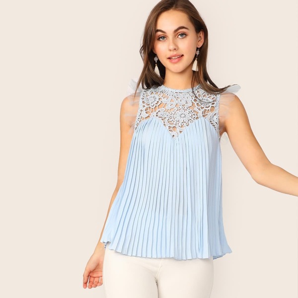 

Mesh Ruffle Trim Guipure Lace Yoke Pleated Top, Blue pastel