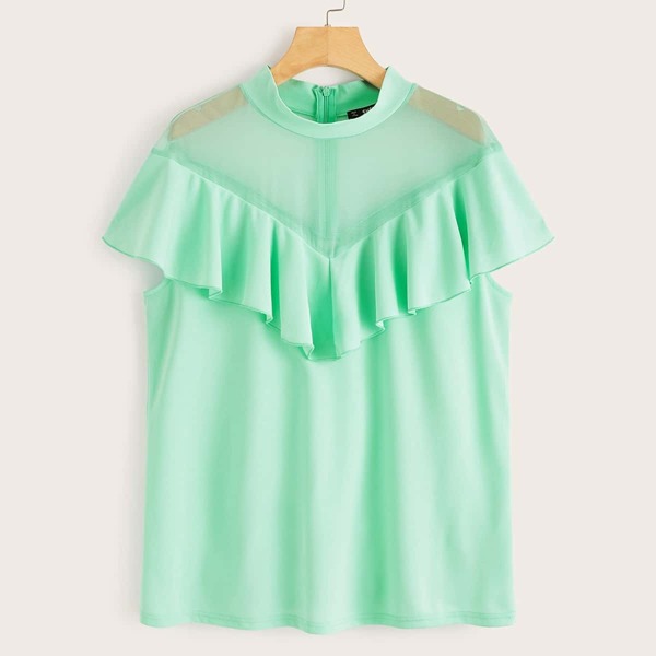

Plus Mesh Insert Ruffle Detail Sleeveless Top