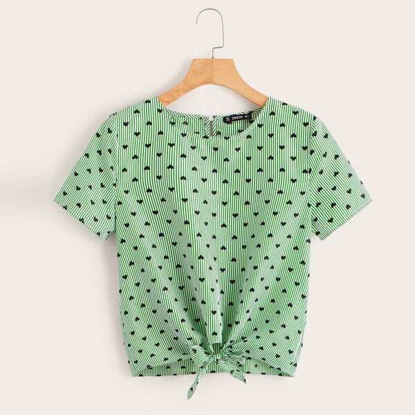 

Allover Heart Print Knotted Hem Striped Top