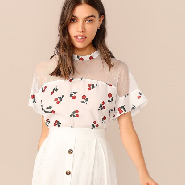 

Mesh Yoke Cherry Print Top