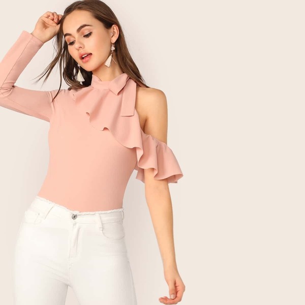 

Tie Neck Cold Shoulder Ruffle Trim Top
