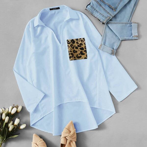 

Leopard Pocket Patched Dip Hem Top, Blue
