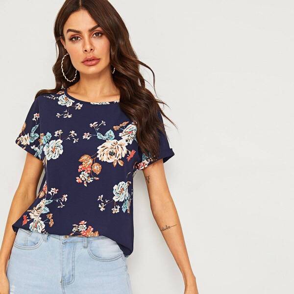 

Floral Print Rolled Cuff Top, Navy blue