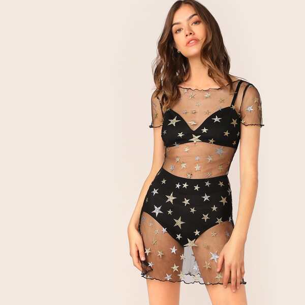 

Lettuce Edge Star Mesh Dress Without Lingerie, Black