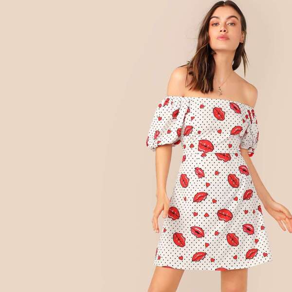 

Off Shoulder Red Lip & Polka Dot Print Dress, White