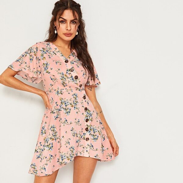 

Flutter Sleeve Ruffle Trim Ditsy Print Buttoned Dress, Pink
