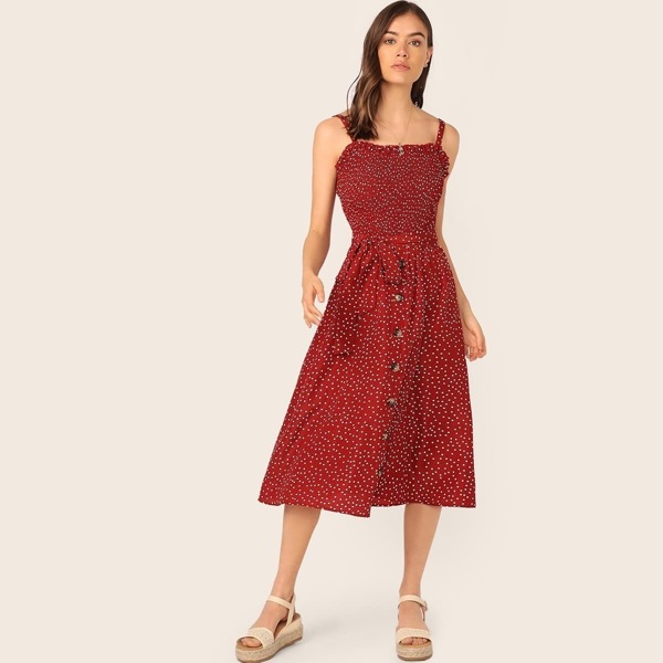 

Frill Trim Button Front Shirred Slip Dress With Belt