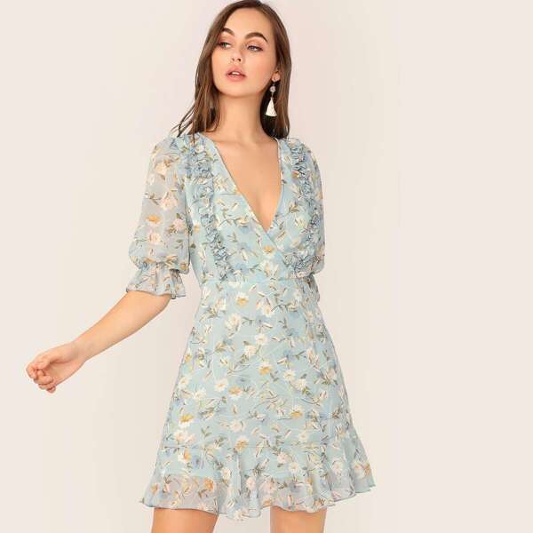 

Frill Trim Ditsy Floral Wrap Dress, Blue pastel