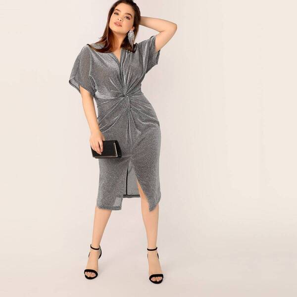 

Plus Twist Front Slit Hem Glitter Dress