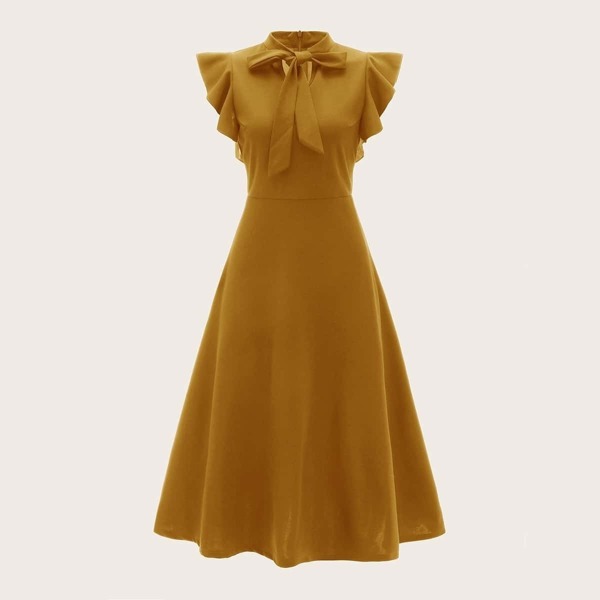

Tie Neck Ruffle Armhole Flare Dress