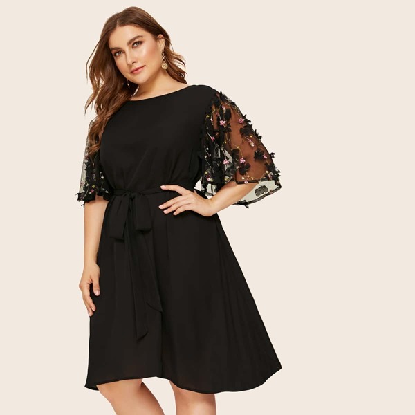 

Plus 3D Appliques Mesh Sleeve Belted Dress, Black