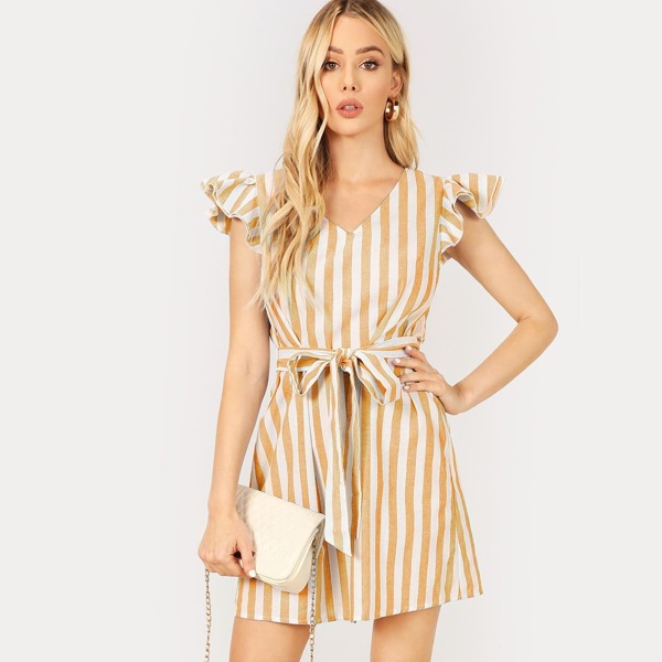 

Ruffle Trim Self Belted Striped Dress