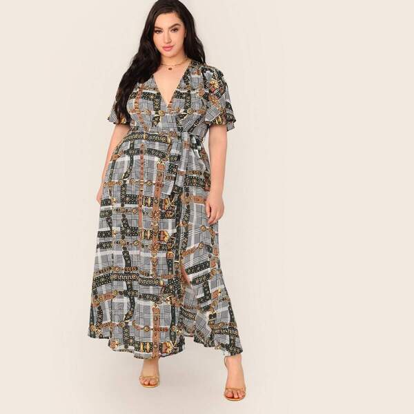 

Plus Surplice Neck Scarf Print Belted Dress