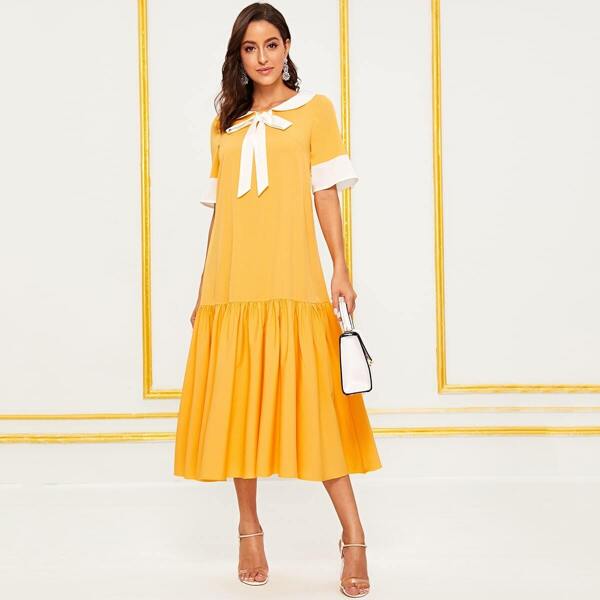 Tie Neck Contrast Collar Ruffle Hem Dress, Yellow