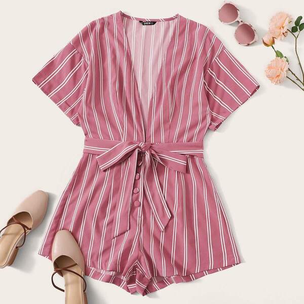 

Plunge Neck Striped Belted Romper, Pink