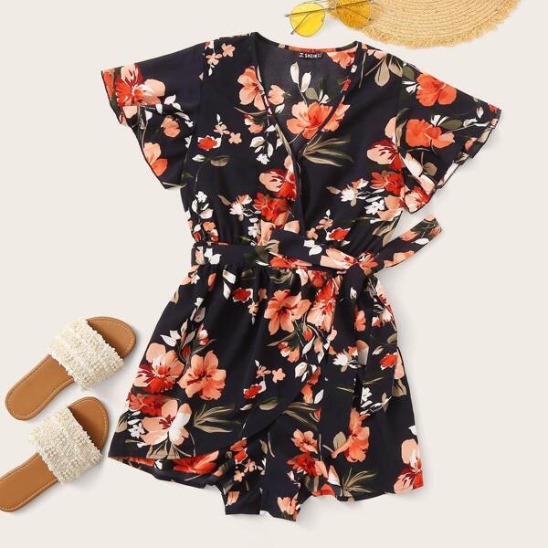 

Floral Print Flutter Sleeve Wrap Belted Romper
