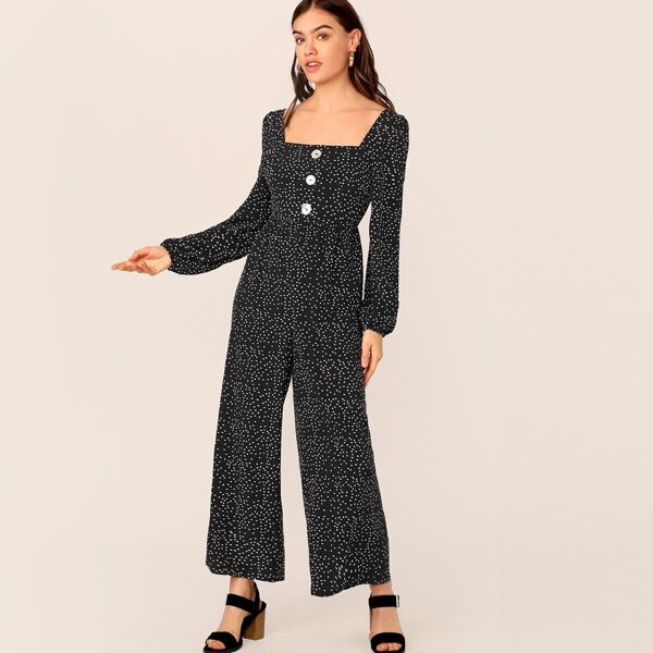 

Dot Print Button Front Wide Leg Jumpsuit, Black