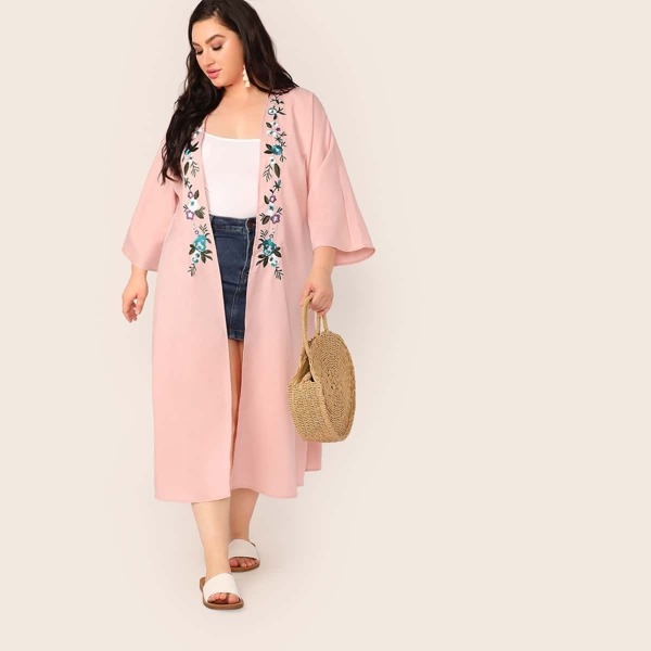 

Plus Flower Embroidered Longline Kimono, Pink pastel