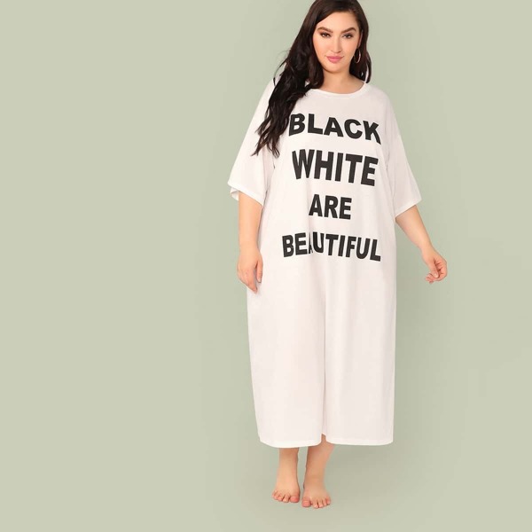 

Plus Drop Shoulder Slogan Print Night Dress, White