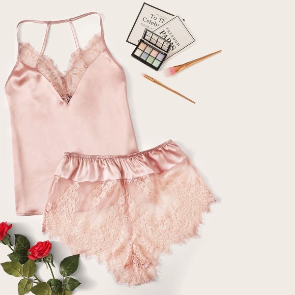 

Lace Trim Satin Cami Top & Shorts PJ Set